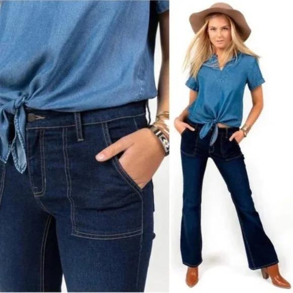 Harper Heritage Denim - Harper Heritage Mid Rise Flare Patch Pockets Jeans